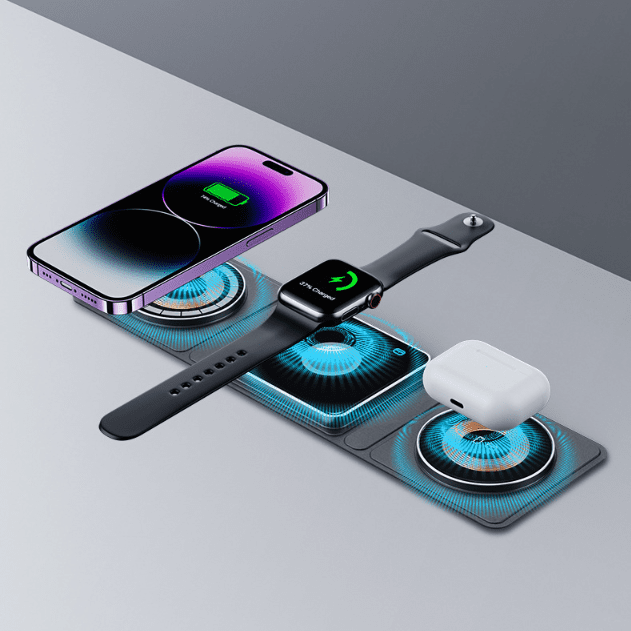 3 IN 1 Magnetic Folding Wireless Charger Station For IPhone Transparent Fast Charging For IWatch And Airpods | charger | Introducing the 3-in-1 Magnetic Folding Wireless Charger Station for iPhone, designed to provide fas