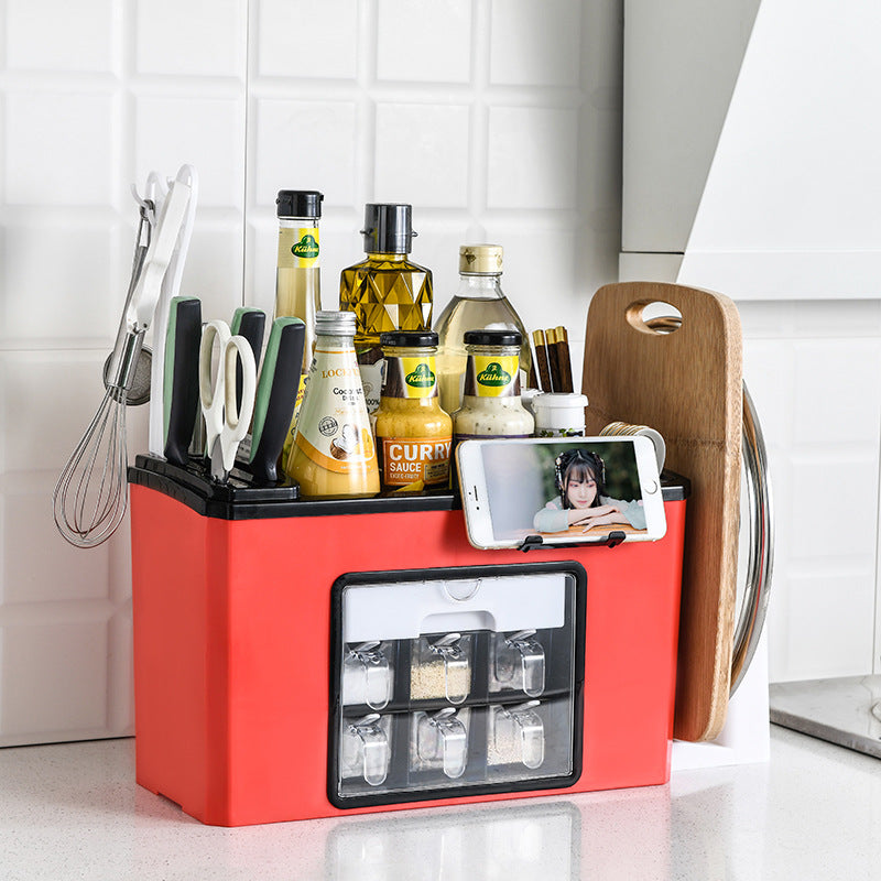 Multifunctional organizing kitchen plastic shelf knife rack storage kitchen seasoning box seasoning organizing storage rack customization.