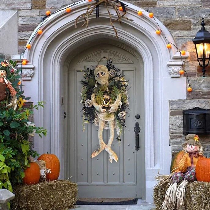 Mummy Halloween Wreath Door Pendant Haunted House Decoration Portable Ghost Festival Horror Wreath Party Supplies Decoration | Mummy Halloween Wreath |
Overview:
1. Halloween Wreath: Realistic mummy and outstretched skeleton hands provide spooky a