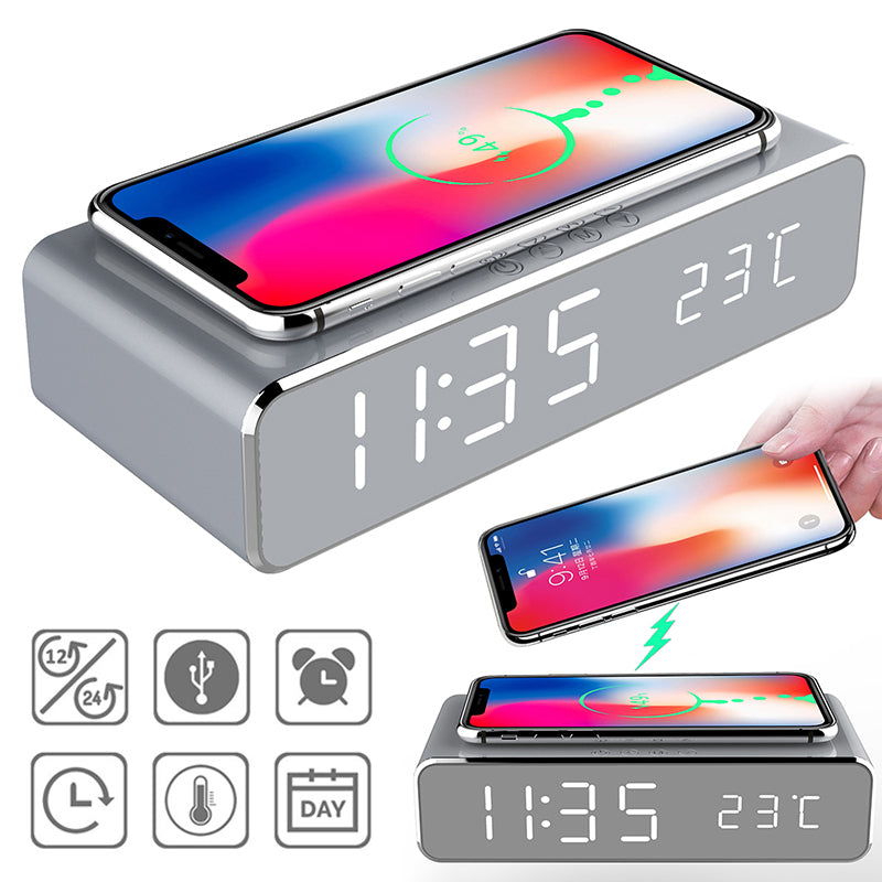 LED Electric Alarm Clock With Wireless Charger Desktop Digital Despertador Thermometer Clock HD Mirror Clock Watch Table Decor.
