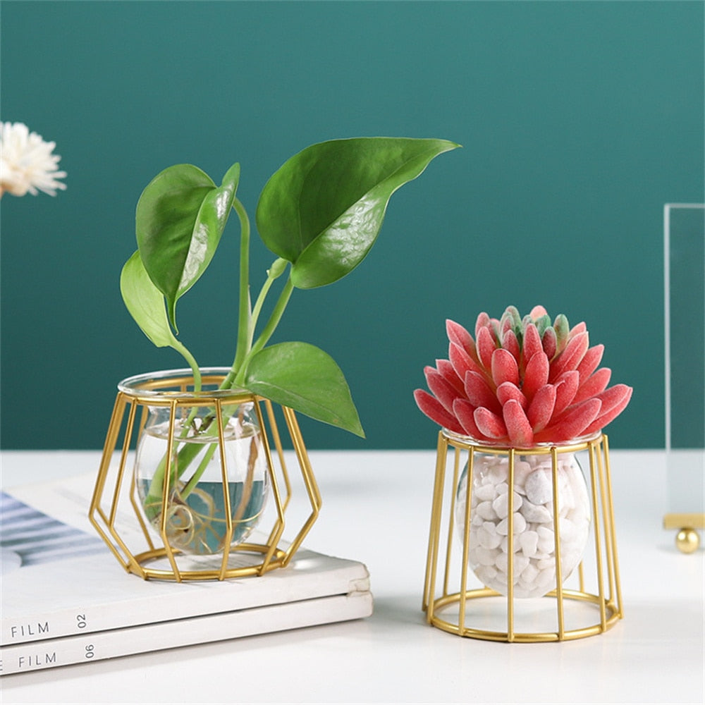 Iron Line Flower Vase Metal Plant Holder Modern Home Decor Vases Ornament Nordic Style Golden Black Glass Hydroponic Container.