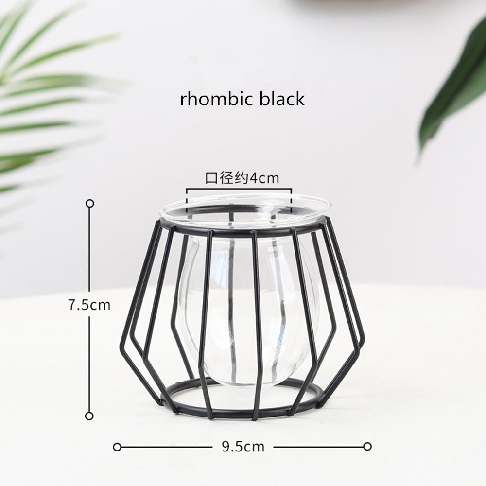 Iron Line Flower Vase Metal Plant Holder Modern Home Decor Vases Ornament Nordic Style Golden Black Glass Hydroponic Container.