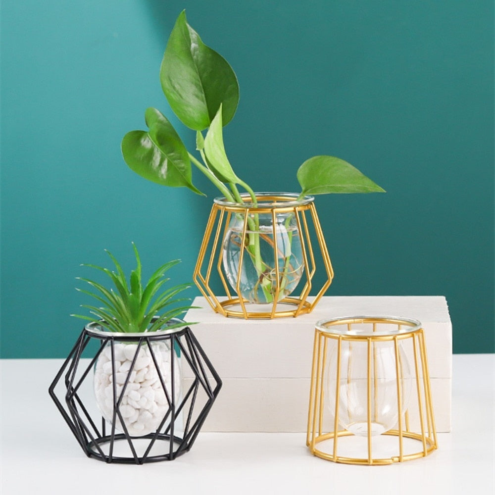 Iron Line Flower Vase Metal Plant Holder Modern Home Decor Vases Ornament Nordic Style Golden Black Glass Hydroponic Container.