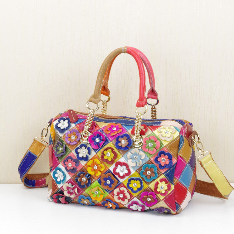 Cowhide Handbags Color Flower Handbags