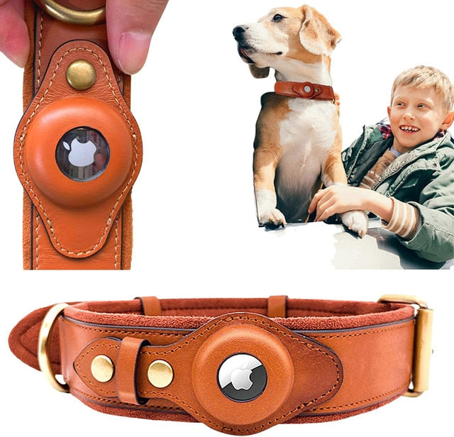 Genuine Leather Airtag Heavy Duty Dog Collar.
