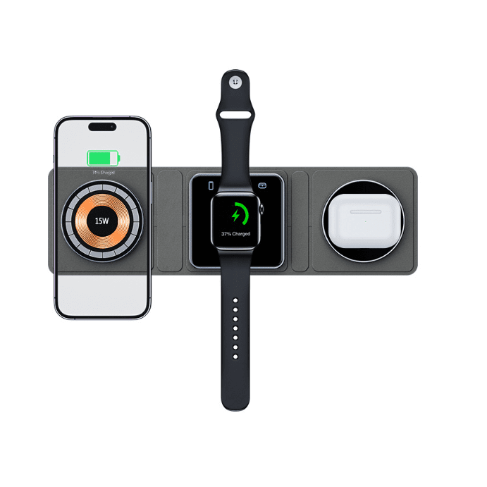 3 IN 1 Magnetic Folding Wireless Charger Station For IPhone Transparent Fast Charging For IWatch And Airpods | charger | Introducing the 3-in-1 Magnetic Folding Wireless Charger Station for iPhone, designed to provide fas