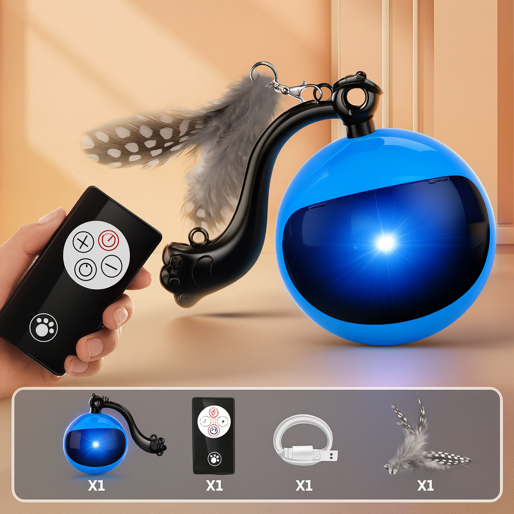 Blue ball with remote control and feather attachment on a wooden background