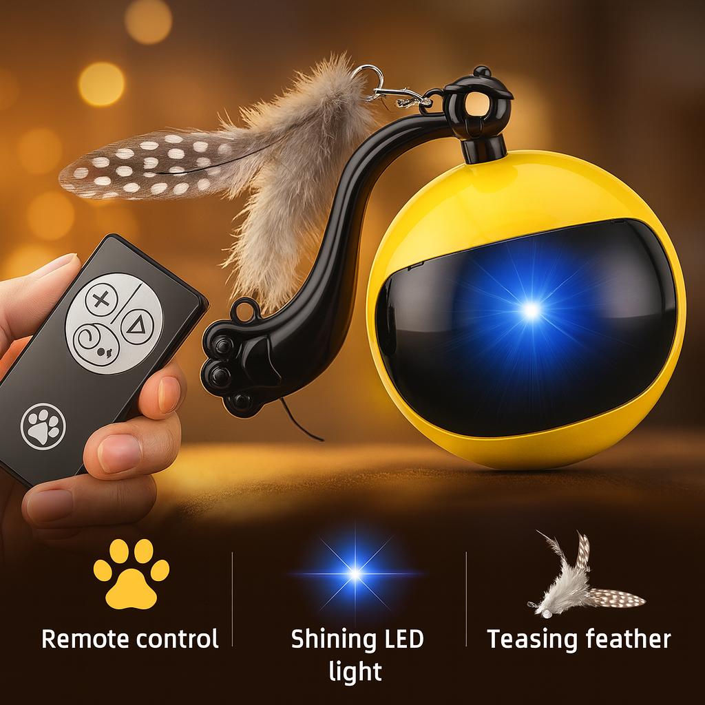 Pet toy with remote control, LED light, and feather on a warm background