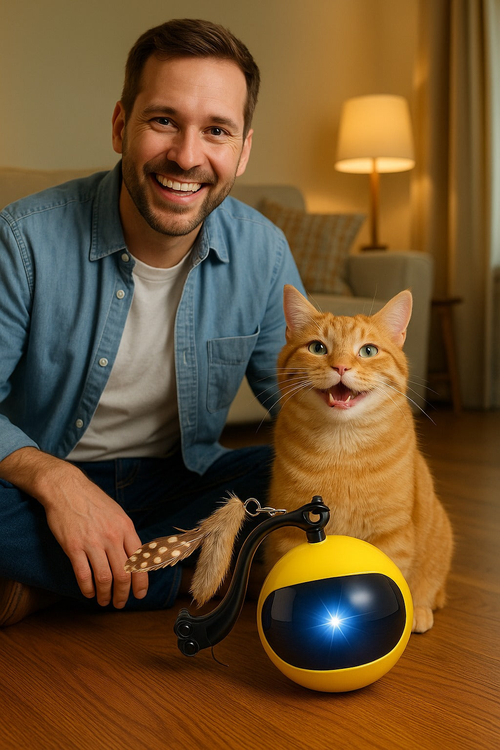 Man playing with a cat toy on the floor in a living room.