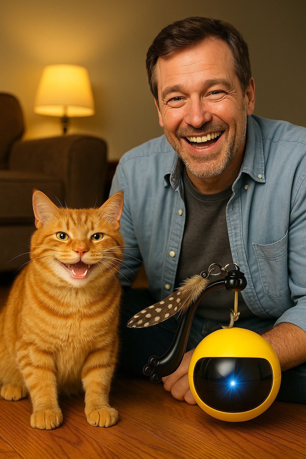 Man sitting on a wooden floor with an orange cat and a yellow robot toy, smiling.