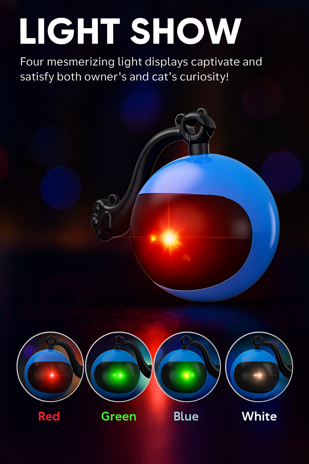 Cat toy with light displays on a dark background