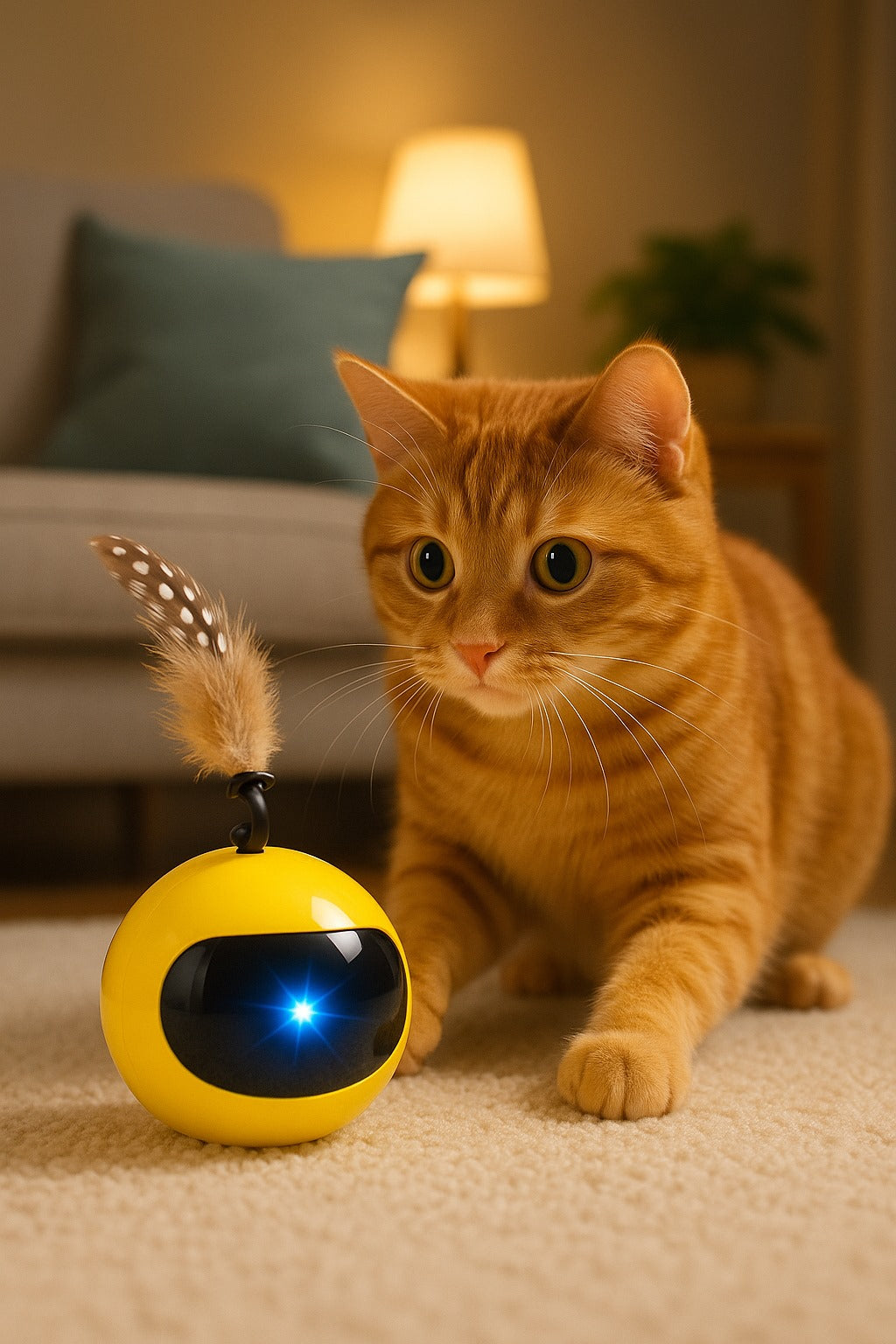 Cat playing with a yellow toy that resembles a robot on a carpeted floor.