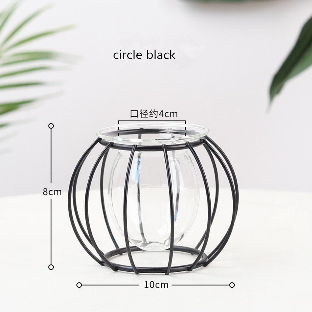 Iron Line Flower Vase Metal Plant Holder Modern Home Decor Vases Ornament Nordic Style Golden Black Glass Hydroponic Container.