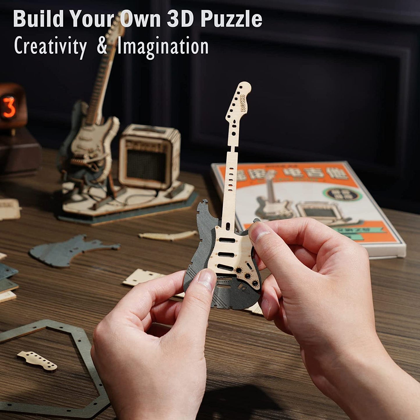 Robotime ROKR Electric Guitar Model Gift For Kids Assembly Creative Toys Building Block Set 3D Wooden Puzzle - TG605K
