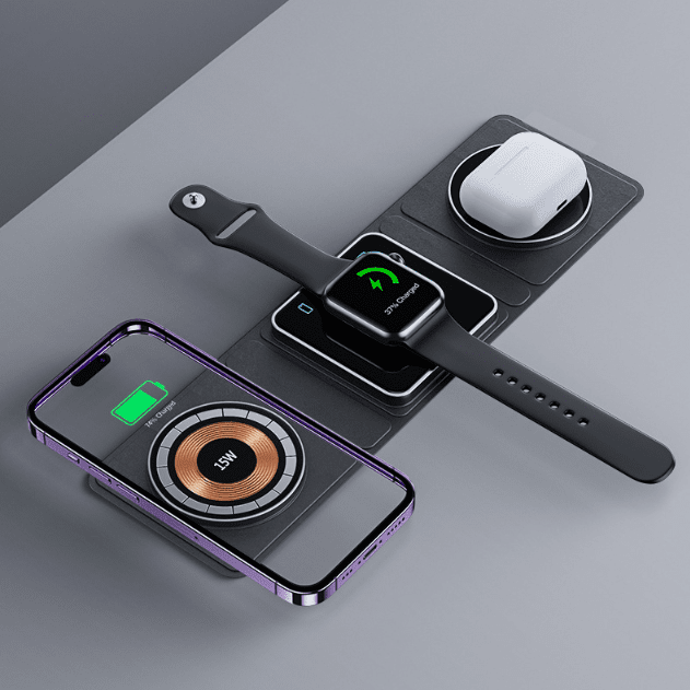 3 IN 1 Magnetic Folding Wireless Charger Station For IPhone Transparent Fast Charging For IWatch And Airpods | charger | Introducing the 3-in-1 Magnetic Folding Wireless Charger Station for iPhone, designed to provide fas