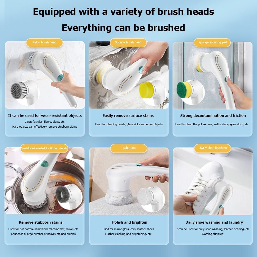 5-in-1Multifunctional Electric Cleaning Brush usb charging Bathroom Wash Brush Kitchen Cleaning Tool Dishwashing Brush Bathtub  | Feature:Geared motor enhances power, 5 brush heads meet 9% of daily cleaning needsUse in different s